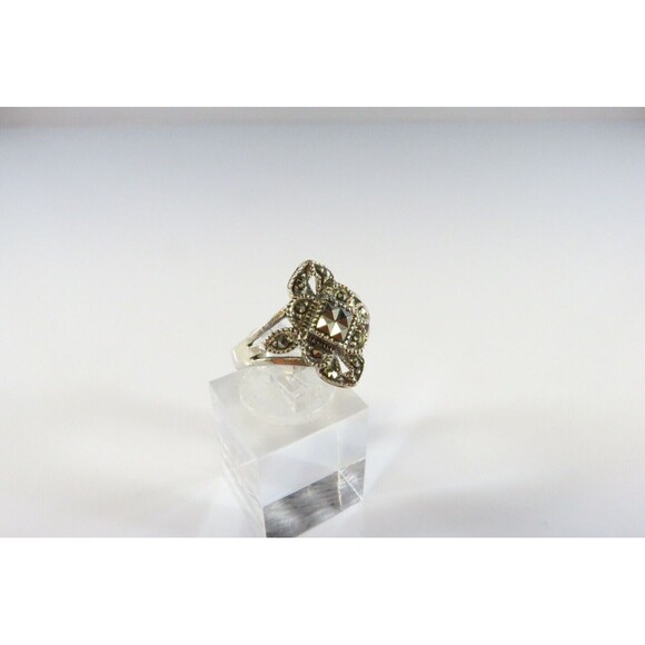 Sterling Marcasite Fancy Oblong Silver Ring Art Deco Style Size 6.5 - Picture 1 of 9